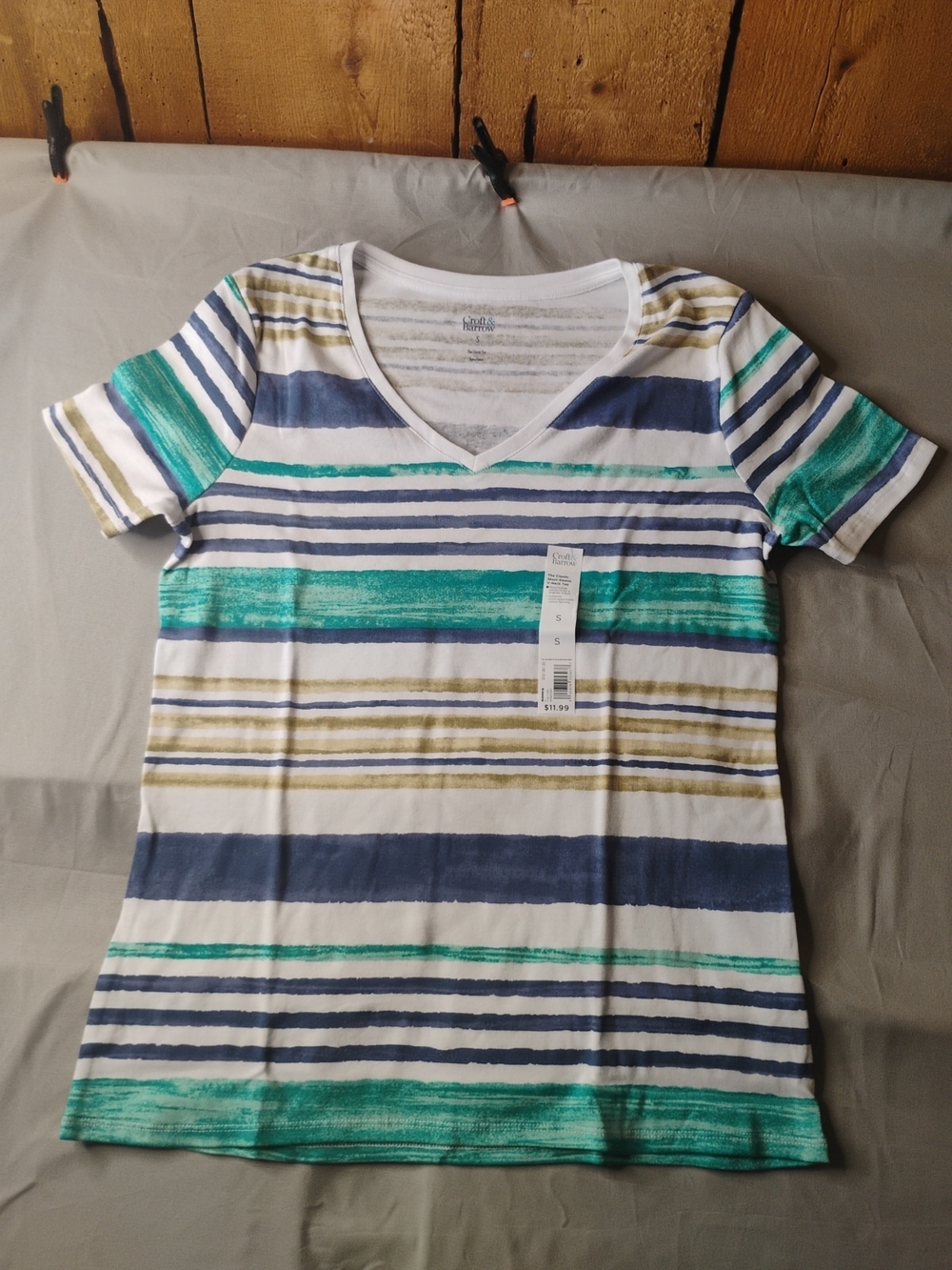 croft & barrow White Striped Tee with Blue, Teal, and Olive Stripes